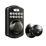Keypad electronic door lock with a numbered keypad and a round door knob.