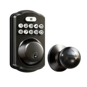 Keypad electronic door lock with a numbered keypad and a round door knob.