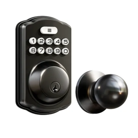 Keypad electronic door lock with a numbered keypad and a round door knob.