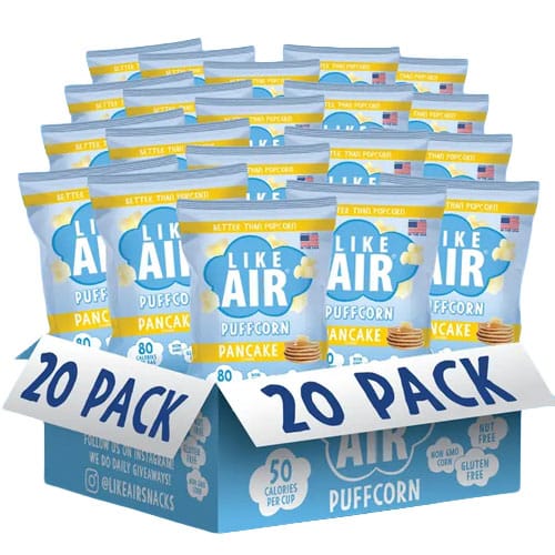 Like Air Puffcorn, Pancake flavor, 20-pack box. Each bag contains 50 calories per cup, is nut-free, gluten-free, and labeled as better than popcorn.
