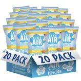 Like Air Puffcorn, Pancake flavor, 20-pack box. Each bag contains 50 calories per cup, is nut-free, gluten-free, and labeled as better than popcorn.