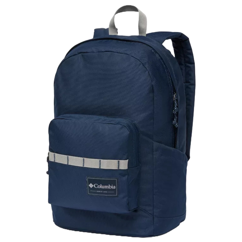 A navy blue Columbia backpack featuring a front pocket with a light gray strap and a top handle. The design is simple and functional, ideal for casual use.