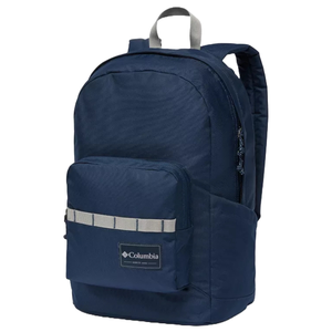 A navy blue Columbia backpack featuring a front pocket with a light gray strap and a top handle. The design is simple and functional, ideal for casual use.