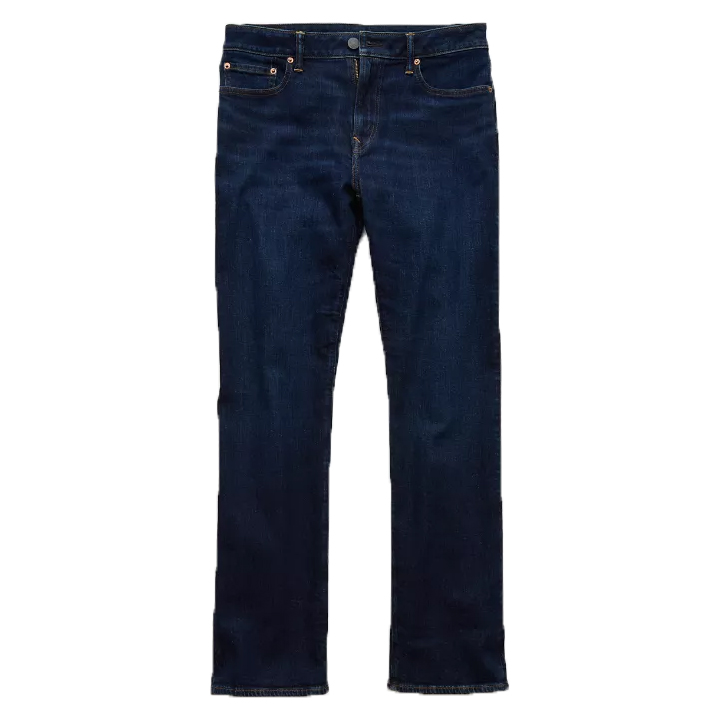 Dark blue bootcut jeans with a classic five-pocket design and a zipper fly.