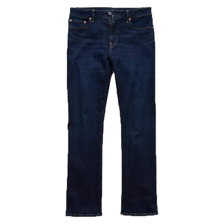 Dark blue bootcut jeans with a classic five-pocket design and a zipper fly.