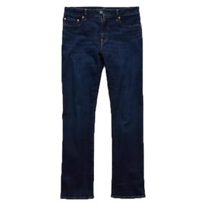 Dark blue bootcut jeans with a classic five-pocket design and a zipper fly.
