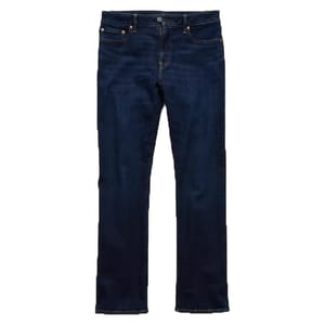 Dark blue bootcut jeans with a classic five-pocket design and a zipper fly.