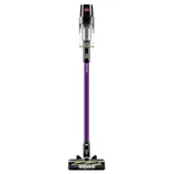 A cordless stick vacuum cleaner featuring a sleek purple design, a transparent dustbin, and a tangle-free brush roll head.