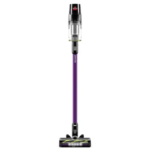 A cordless stick vacuum cleaner featuring a sleek purple design, a transparent dustbin, and a tangle-free brush roll head.