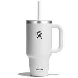 A white Hydro Flask tumbler with a handle and straw, featuring the brand's logo on the front.