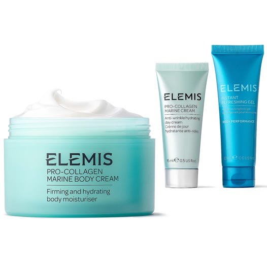 Elemis Pro-Collagen Marine Body Cream, a firming and hydrating body moisturizer, is shown alongside Pro-Collagen Marine Cream (anti-wrinkle hydrating day cream) and Instant Refreshing Gel from the same brand.