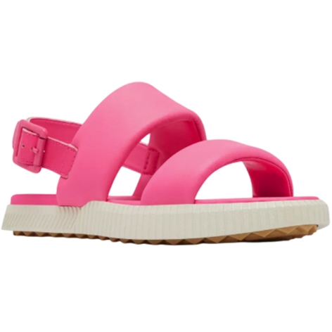 Pink open-toe sandals with adjustable ankle strap, white sole, and brown tread.