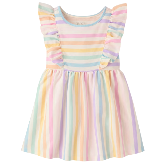 A colorful striped dress with flutter sleeves and a round neckline, featuring pastel shades in horizontal and vertical patterns.