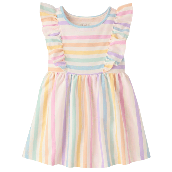 A colorful striped dress with flutter sleeves and a round neckline, featuring pastel shades in horizontal and vertical patterns.