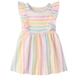 A colorful striped dress with flutter sleeves and a round neckline, featuring pastel shades in horizontal and vertical patterns.