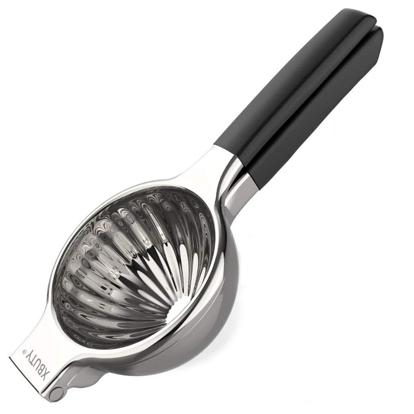 A handheld citrus press featuring a metal bowl with ridges for juicing and black rubber handles for grip.
