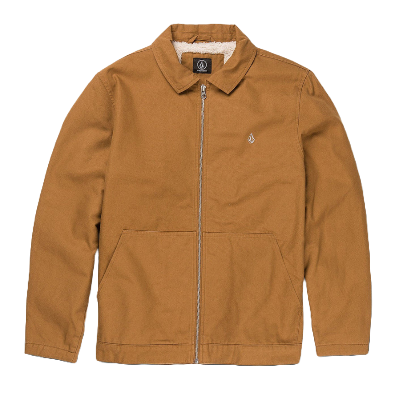 The Volcom Palm Drive Jacket is a brown, zip-up coat featuring a turn-down collar, two front pockets, and a subtle logo on the chest. It has a cozy, fleece-like lining for added warmth.