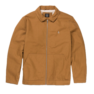The Volcom Palm Drive Jacket is a brown, zip-up coat featuring a turn-down collar, two front pockets, and a subtle logo on the chest. It has a cozy, fleece-like lining for added warmth.