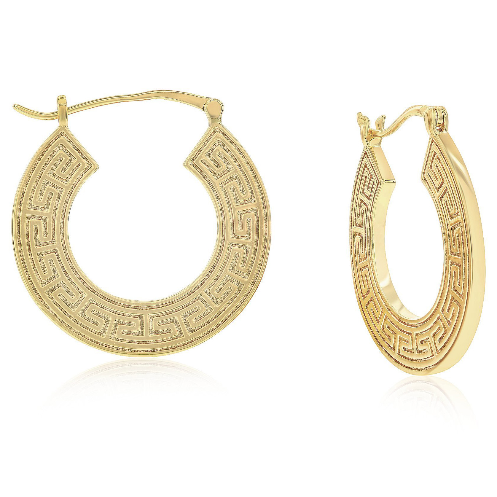 Gold hoop earrings with a Greek key pattern, featuring a hinged clasp for closure.