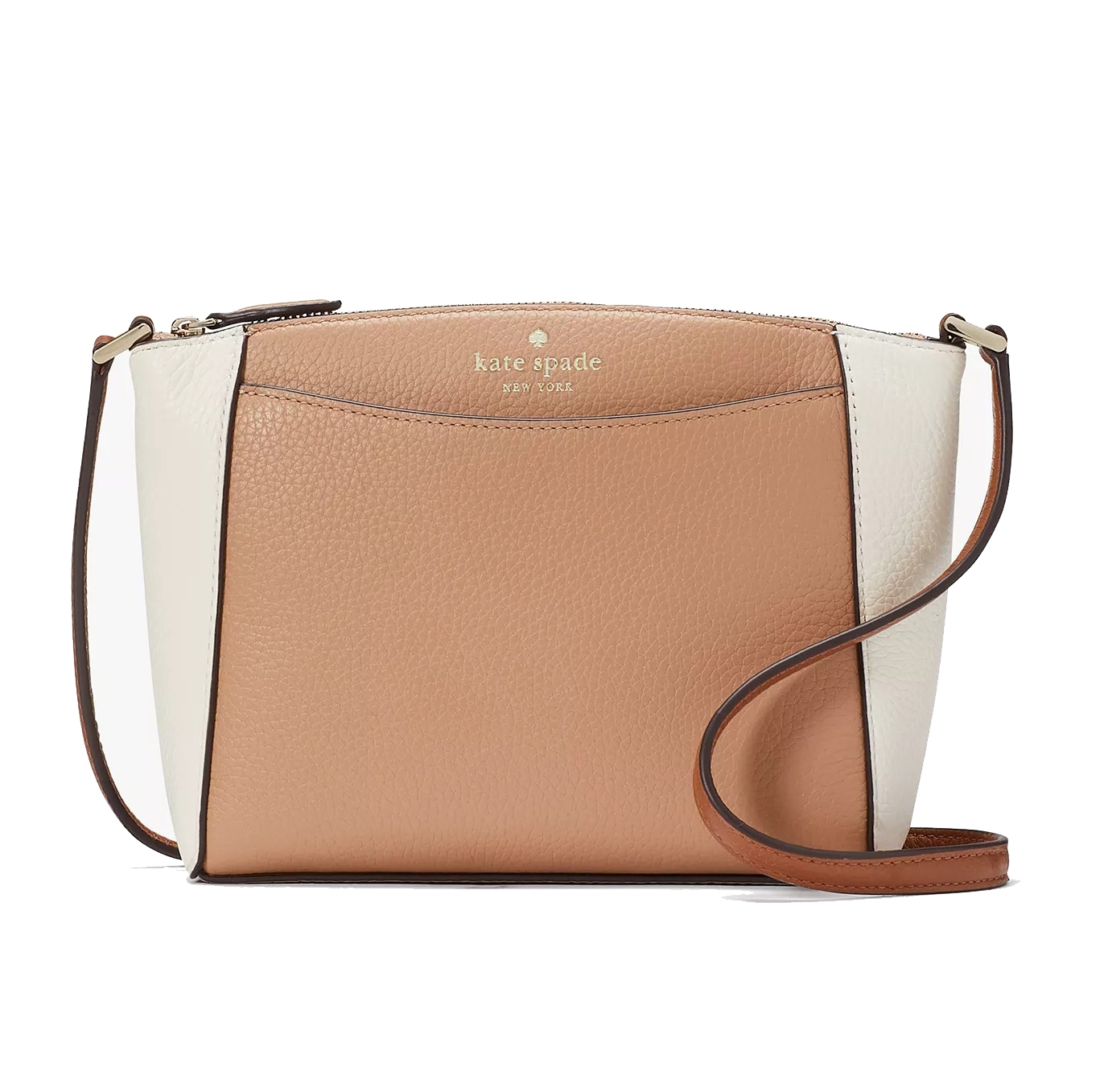 A two-tone crossbody bag with tan and white pebbled leather, featuring a zip closure and a thin adjustable strap.