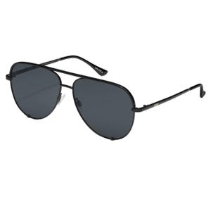 Aviator-style sunglasses with black frames and dark lenses, featuring metal arms and adjustable nose pads.
