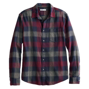 Sonoma Goods For Life flannel shirt featuring a classic plaid pattern in red, navy, and gray, with long sleeves, a button-up front, and a single chest pocket.