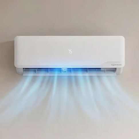 A wall-mounted air conditioner emitting cool air, a gray couch with cushions, a jug of lemon water, and a digital thermometer displaying room temperature are seen in a living room setting.