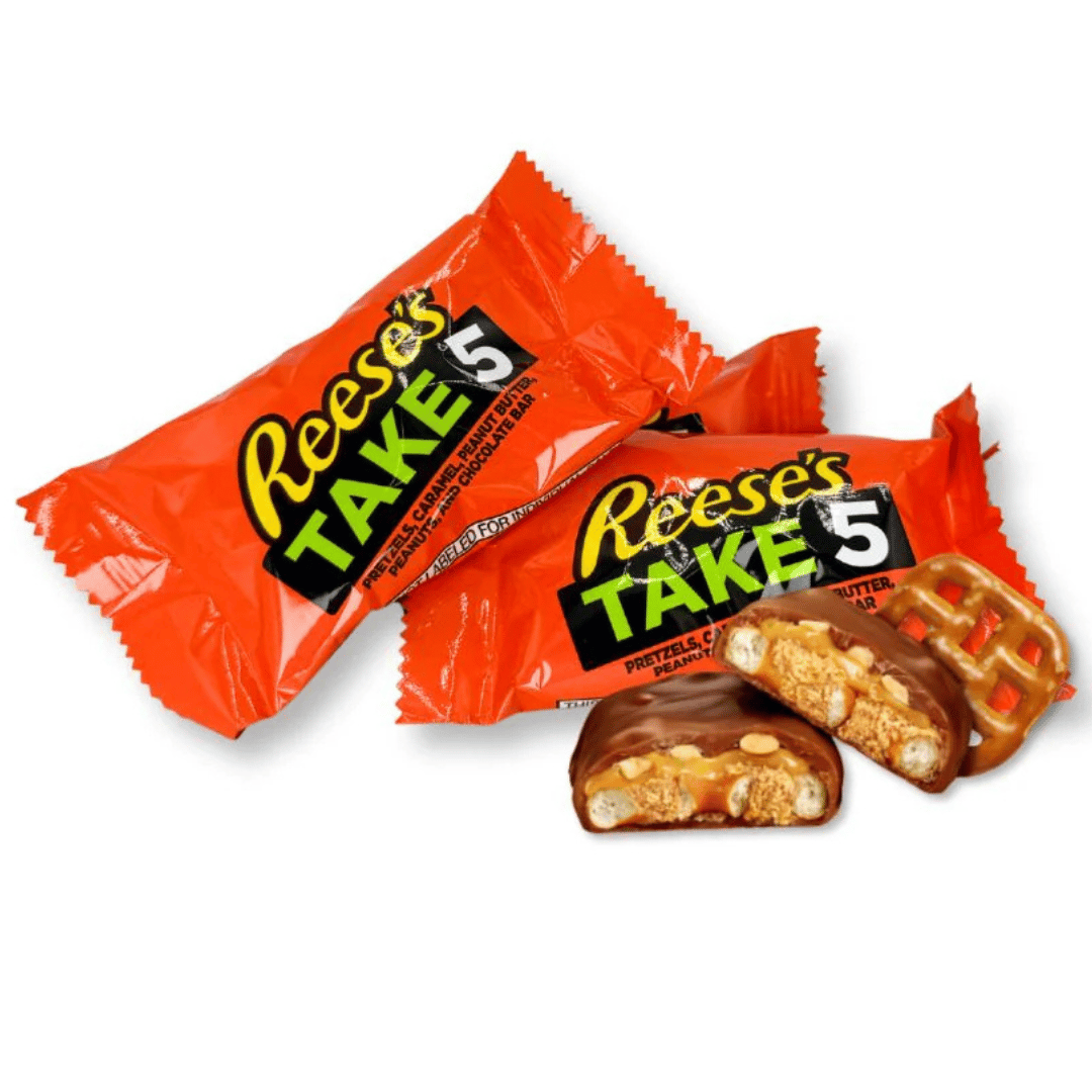 Reese's Take 5 candy bars in orange packaging, featuring pretzels, caramel, peanut butter, peanuts, and chocolate.