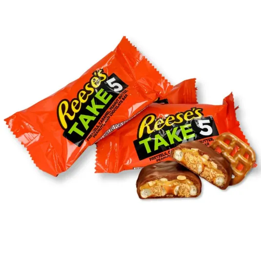 Reese's Take 5 candy bars in orange packaging, featuring pretzels, caramel, peanut butter, peanuts, and chocolate.