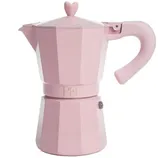 A pink stovetop espresso maker with a heart-shaped knob and curved handle, featuring a geometric design.