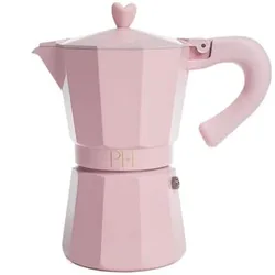 A pink stovetop espresso maker with a heart-shaped knob and curved handle, featuring a geometric design.