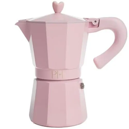 A pink stovetop espresso maker with a heart-shaped knob and curved handle, featuring a geometric design.