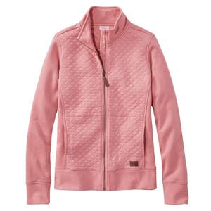 Pink zip-up sweatshirt with a quilted front pattern, high collar, and two front pockets.