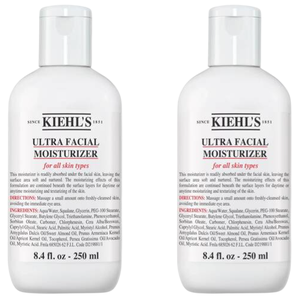 Kiehl's Ultra Facial Moisturizer for all skin types, 8.4 fl. oz (250 ml) bottles, providing hydration and conditioning benefits.