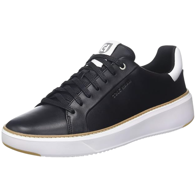 A black leather sneaker with black laces, a white cushioned sole, and subtle branding on the side.