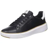 A black leather sneaker with black laces, a white cushioned sole, and subtle branding on the side.