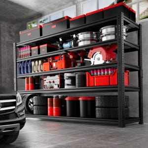 A garage shelving unit holds organized car repair tools and products, including boxes, tire rims, a circular saw, various containers, tires, oil drums, and spray cans, all neatly arranged near a parked black car.