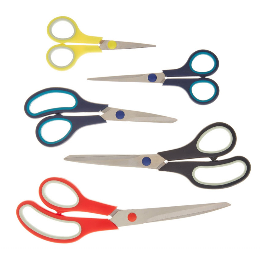 A set of five scissors with colored handles—yellow, blue, black, and red—displayed in a row, varying in size from small to large.