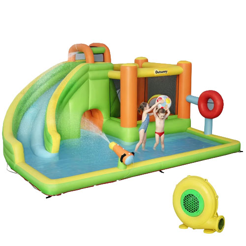 An inflatable water slide and play area featuring a slide, splash pool, water sprayer, and climbing wall, with a separate electric blower included.