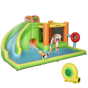 An inflatable water slide and play area featuring a slide, splash pool, water sprayer, and climbing wall, with a separate electric blower included.