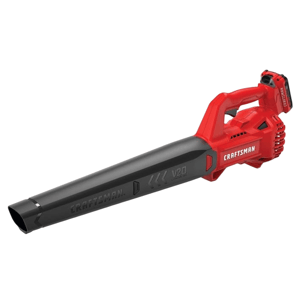 Red and black Craftsman V20 cordless leaf blower, featuring a streamlined design with a focus on efficient airflow.