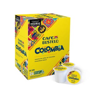 Café Bustelo Colombia coffee, 24 Keurig K-Cup pods, Colombian blend, packaged in a vibrant yellow box with colorful designs.