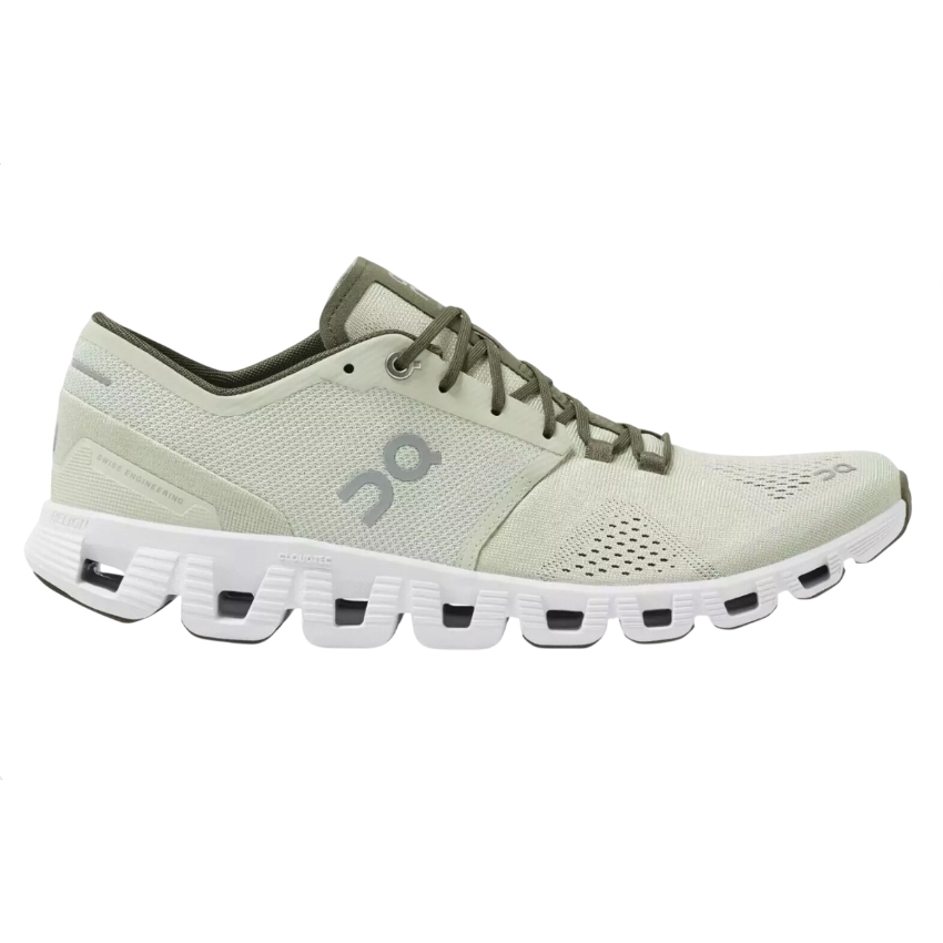 The On Running Men's Cloud X 2 Shoe features a lightweight, breathable mesh upper in a light green color with olive accents and a distinctive white, cushioned sole designed for comfort and flexibility.