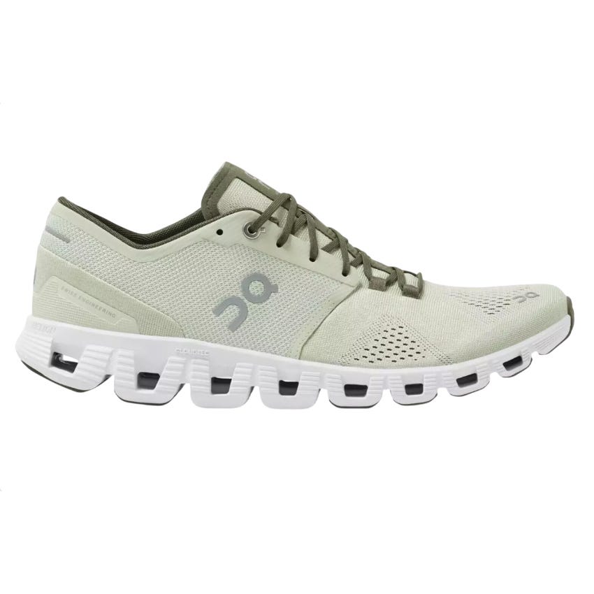 The On Running Men's Cloud X 2 Shoe features a lightweight, breathable mesh upper in a light green color with olive accents and a distinctive white, cushioned sole designed for comfort and flexibility.