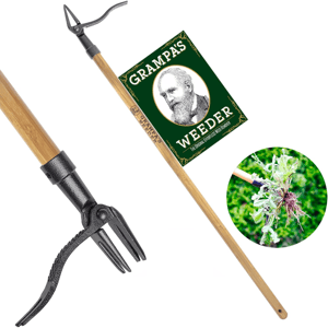 A garden tool called \“Grampa's Weeder\“ with a long wooden handle and metal claw designed for uprooting weeds, shown alongside an illustration of it removing a weed.