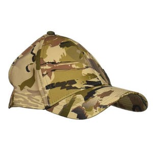 Camouflage-patterned cap with a curved brim and panelled construction, likely featuring Under Armour's Storm technology for water resistance and stretch fit for comfort.