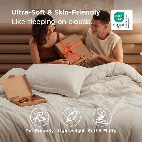 Ultra-soft, skin-friendly bedding, shown in a cozy bedroom setting, offers features like being pet-friendly, lightweight, and soft & fluffy. The OEKO-TEX Standard 100 certification is highlighted.