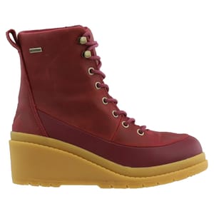 Red lace-up waterproof wedge bootie with a smooth finish, pull tab, and tan rubber sole.