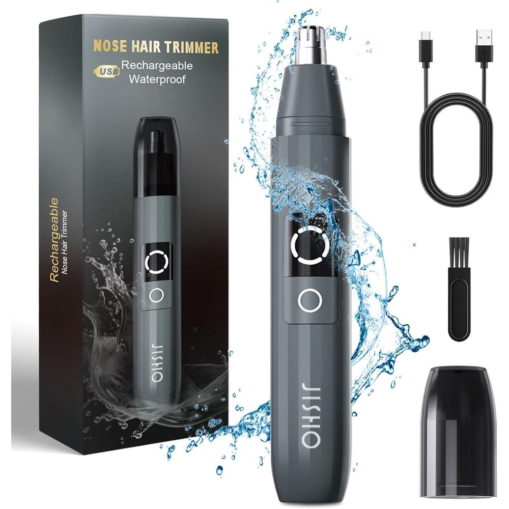 Rechargeable, waterproof nose hair trimmer with USB charging cable and cleaning brush; includes protective cap.