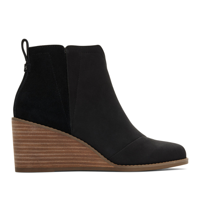A black wedge ankle boot with a side zipper and brown stacked heel.